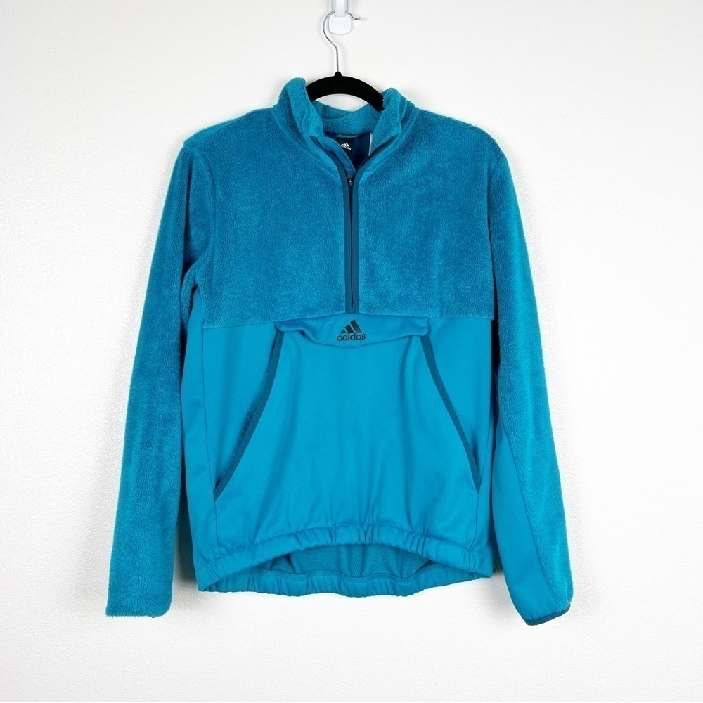 Adidas Womens 1/4 Zip Fleece Pullover Blue Teal Kangaroo Pocket Jacket Size M